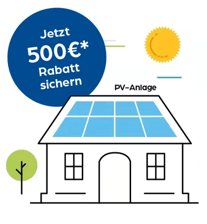 Illustration eines Hauses mit Solaranlage auf dem Dach, einem Baum und einer Sonne. Text im Bild: 'Jetzt 500€* Rabatt sichern.'
