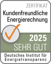 Zertifikat des Deutschen Instituts für Energietransparenz, das eine kundenfreundliche Energierechnung im Jahr 2025 mit der Bewertung 'SEHR GUT' auszeichnet.