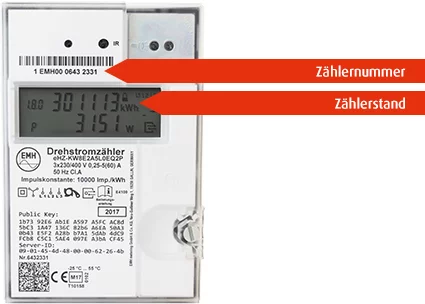 Digitaler Stromzähler mit markierter Zählernummer ‚1 EMH00 0643 2331‘ und Zählerstand ‚301113 kWh‘.