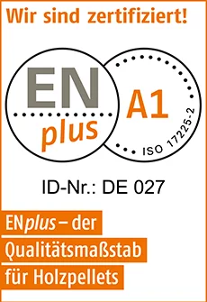 Zertifizierungslabel für Holzpellets mit ENplus A1 und ISO 17225-2, ID-Nr. DE 027 – Hinweis auf geprüfte Qualität.
