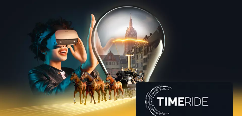 Collage aus Pferdekutsche und Frau mit VR-Brille, Timeride-Logo rechts-unten