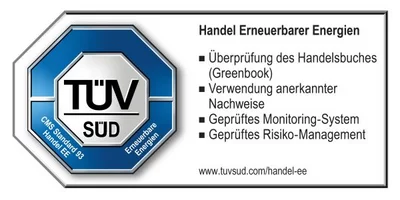 TÜV SÜD-Zertifikat für Handel mit erneuerbaren Energien mit geprüften Kriterien wie Monitoring-System, Risiko-Management und Verwendung anerkannter Nachweise.