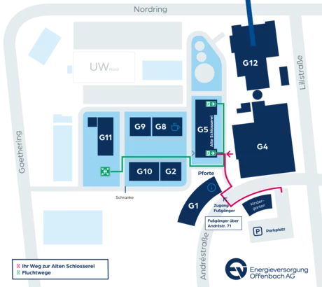 Lageplan des EVO-Geländes mit farblich markierten Wegen: pink für den Weg zur Alten Schlosserei (G5), grün für Fluchtwege; mit Gebäudebezeichnungen und Straßen wie Nordring und Andréstraße.