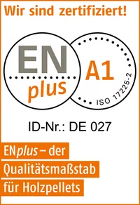 Zertifizierungssiegel ENplus A1 für Holzpellets mit ID-Nummer DE 097 – Qualitätskennzeichnung für Holzpellets.